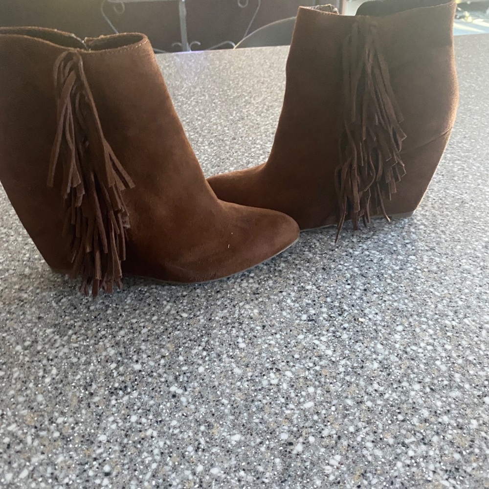 Brown fringe 3.5 inch wedge heel bootie